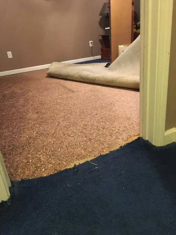Carpet pad removal revealing water damage during Water Mitigation Services in Camillus